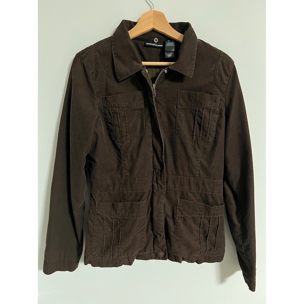 DKNY Jeans Brown Corduroy Fitted Utility Jacket Womens L Y2k Zip Front 4 Pocket